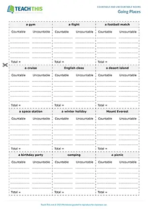 ESL countable and uncountable nouns game preview intermediate B1: brainstorming, word association, pair work