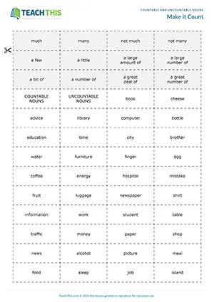 ESL countable and uncountable nouns game preview intermediate B1: matching, categorising, forming sentences, group work