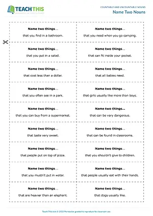 ESL countable and uncountable nouns game preview pre-intermediate A2: brainstorming, word association, group work