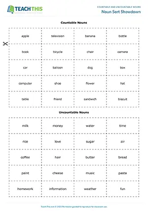 ESL countable and uncountable nouns game preview elementary A1-A2: categorising, forming sentences, group work