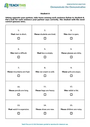 ESL demonstrative adjectives game preview elementary A1-A2: miming, guessing, sentence formation, pair work