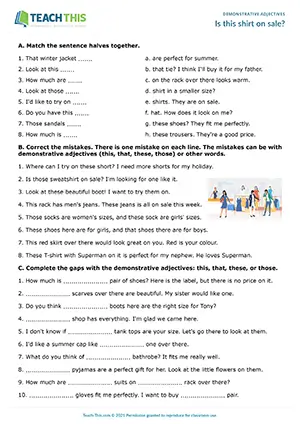 ESL this, that, these, those worksheet preview pre-intermediate A2: matching, error correction, gap-fill