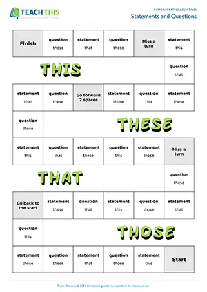 ESL this, that, these, those board game preview pre-intermediate A2: statements, questions, group work