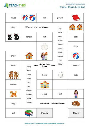 ESL demonstrative adjectives board game preview elementary A1-A2: sentence formation, pair work