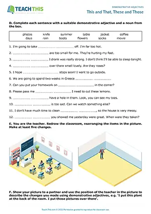 ESL demonstrative adjectives worksheet preview pre-intermediate A2: unscrambling, drawing, speaking, pair work