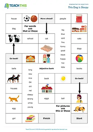 ESL demonstrative adjectives board game preview elementary A1-A2: sentence formation, pair work