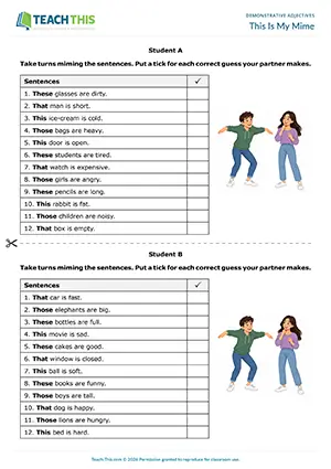 ESL demonstrative adjectives game preview elementary A1-A2: miming, guessing, sentence formation, pair work