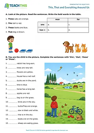 ESL demonstrative adjectives worksheet preview elementary A1-A2: categorising, gap-fill, sentence rewriting