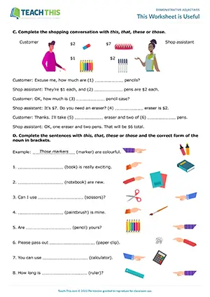 ESL demonstrative adjectives worksheet preview elementary A1-A2: categorising, crossword, gap-fill