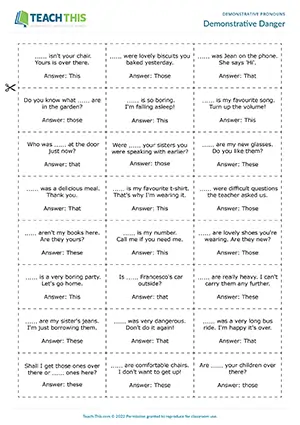 ESL demonstrative pronouns game for pre-intermediate A2, gap-fill, group game