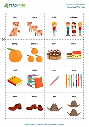 ESL demonstrative pronouns game for elementary A1-A2, pelmanism, matching, forming sentences, pair work