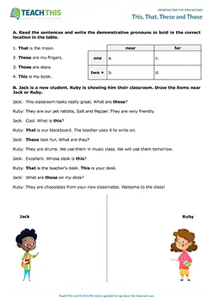 ESL demonstrative pronouns worksheet for elementary A1-A2, categorising, drawing, binary choice, gap-fill, word search
