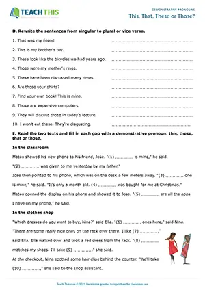 ESL demonstrative pronouns worksheet for pre-intermediate A2, sentence completion, rewriting, gap-fill
