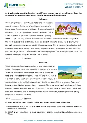 ESL demonstrative pronouns activity for intermediate B1, identifying, matching, forming sentences, pair work