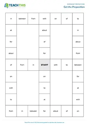 ESL dependent prepositions board game for intermediate B1, matching, gap-fill, group work