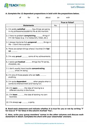 ESL dependent prepositions speaking activity for upper-intermediate B2, gap-fill, guided discussion, group work