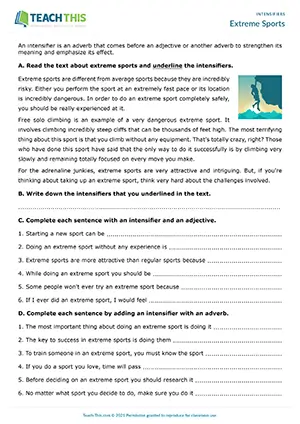 ESL Intensifiers Worksheet - Grammar and Reading Exercises: Scanning for Detail, Identifying, Sentence Completion, Rewriting Sentences - Intermediate (B1) - Extreme Sports worksheet preview