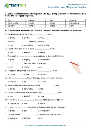 ESL Intensifiers and Mitigators Worksheet - Vocabulary Exercises: Ordering, Multiple Choice, Unscrambling, Sentence Completion - Speaking Activity - Pair Work - Intermediate (B1) - Intensifiers and Mitigators Practice worksheet preview
