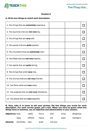 ESL Intensifiers and Mitigators Game - Vocabulary: Guessing, Forming Sentences - Pair Work - Pre-intermediate (A2) - Two Things that... worksheet preview