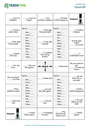 ESL Interjections Board Game - Vocabulary: Sentence Completion - Group Work - Intermediate (B1) - Check Off worksheet preview