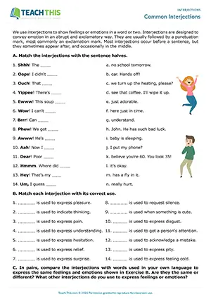ESL Interjections Worksheet - Grammar and Vocabulary Exercises: Matching, Gap-fill, Writing Sentences - Speaking Activities: Guided Discussion, Guessing Game - Pair Work - Intermediate (B1) - Common Interjections worksheet preview