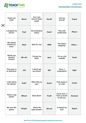 Pre-intermediate game for interjections, matching, group exercises