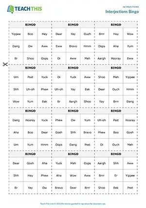 ESL Interjections Game - Vocabulary: Matching, Sentence Completion - Group Work - Upper-intermediate (B2) - Interjections Bingo worksheet preview