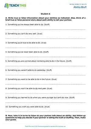 ESL Be Able to Game - Speaking: Writing True or False Sentences, Story Telling, Asking Questions, Guessing - Group and Pair Work - Intermediate (B1) - Ability Bluff worksheet preview