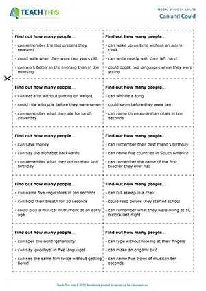 ESL Past and Present Abilities Activity - Speaking: Survey, Asking and Answering Questions from Prompts, Freer Practice - Group Work - Pre-intermediate (A2) - Can and Could worksheet preview