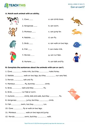 ESL Can and Can't Worksheet - Grammar Exercises: Matching, Gap-fill, Writing Sentences, Error Correction - Elementary (A1-A2) - Can or Can't? worksheet preview