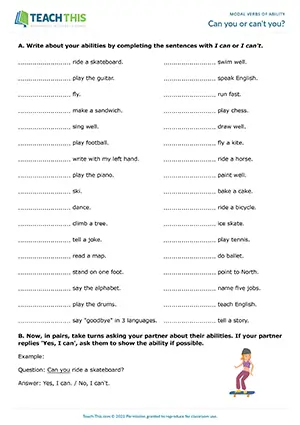 ESL Can and Can't Worksheet - Vocabulary and Speaking: Sentence Completion, Asking and Answering Questions from Prompts, Controlled Practice - Pair Work - Elementary (A1-A2) - Can you or can't you? worksheet preview