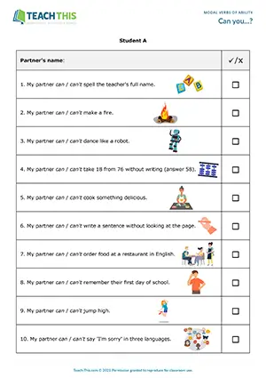 ESL Can and Can't Game - Speaking: Guessing, Asking and Answering Questions from Prompts, Freer Practice - Pair Work - Elementary (A1-A2) - Can you...? worksheet preview