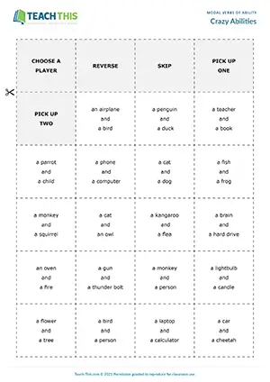 ESL Modal Verbs of Ability Game - Vocabulary and Speaking: Asking and Answering Questions from Prompts, Freer Practice - Group Work - Pre-intermediate (A2) - Crazy Abilities worksheet preview