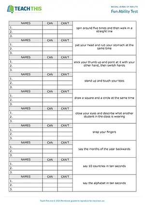 ESL Can and Can't Activity - Grammar: Table Completion, Writing Summaries from Prompts - Group Work - Pre-intermediate (A2) - Fun Ability Test worksheet preview