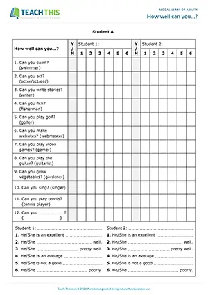 ESL Modal Verbs of Ability Activity - Speaking: Asking and Answering Questions from Prompts, Sentence Completion - Pair Work - Pre-intermediate (A2) - How well can you…? worksheet preview