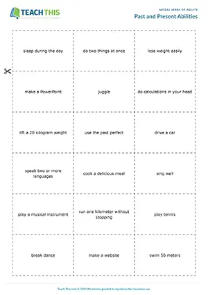 ESL Can and Could Game - Vocabulary and Speaking: Asking and Answering Questions from Prompts, Freer Practice - Group Work - Pre-intermediate (A2) - Past and Present Abilities worksheet preview