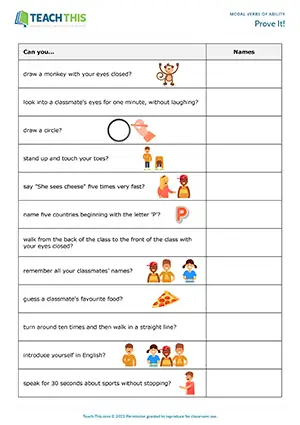 ESL Can and Can't Activity - Speaking: Asking and Answering Questions from Prompts, Controlled Practice - Elementary (A1-A2) - Prove It! worksheet preview