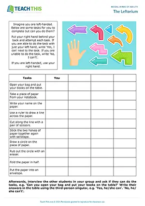 ESL Can and Can't Activity - Speaking: Asking and Answering Questions from Prompts, Controlled Practice - Group Work - Pre-intermediate (A2) - The Leftorium worksheet preview