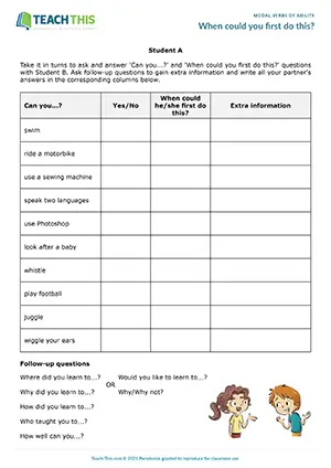 ESL Can and Could Activity - Speaking: Asking and Answering Questions from Prompts, Controlled and Freer Practice - Pair Work - Intermediate (B1) - When could you first do this? worksheet preview