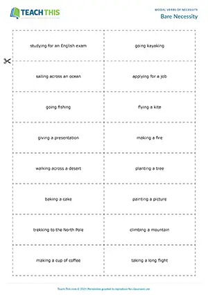 ESL Modal Verbs of Necessity Game - Vocabulary and Speaking: Forming Sentences from Prompts, Guessing - Group Work - Upper-intermediate (B2) - Bare Necessity worksheet preview