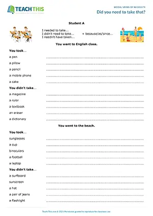 ESL Past Necessity Activity - Grammar and Speaking: Writing Sentences from Prompts, Guided Discussion, Freer Practice - Group Work - Upper-intermediate (B2) - Did you need to take that? worksheet preview