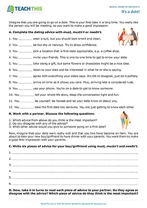 ESL Must and Mustn't Activity - Grammar and Writing Exercises: Gap-fill, Writing Sentences from Prompts - Speaking Activity: Guided Discussion, Freer Practice - Pair Work - Intermediate (B1) - It's a date! worksheet preview