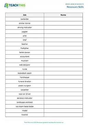 ESL Have to and Need to Game - Speaking: Asking and Answering Questions from Prompts, Freer Practice - Intermediate (B1) - Necessary Skills worksheet preview