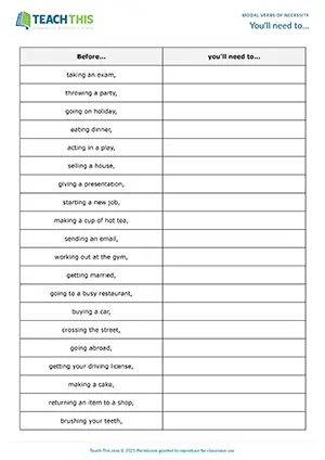 ESL Future Necessity Game - Speaking: Matching, Forming and Writing Sentences - Pair Work - Intermediate (B1) - You'll need to... worksheet preview