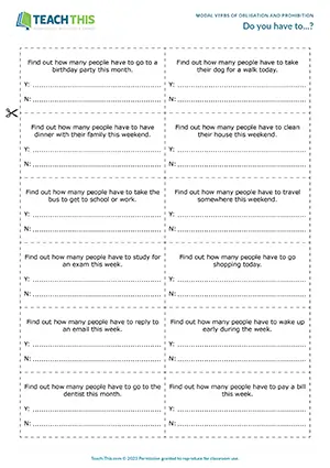 ESL Have to Activity - Speaking: Forming, Asking and Answering Questions from Prompts, Controlled Practice - Group Work - Elementary (A1-A2) - Do you have to...? worksheet preview