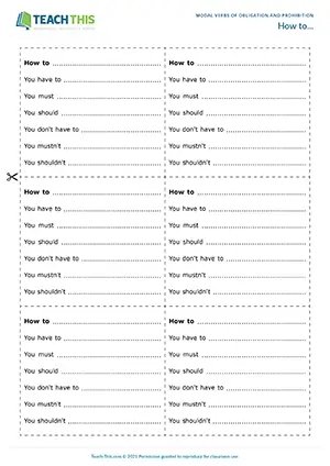 ESL Modal Verbs of Obligation Game - Vocabulary and Writing: Writing and Reading Sentences, Guessing - Pair Work - Pre-intermediate (A2) - How to... worksheet preview