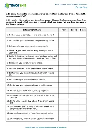 ESL Can and Can't Activity - Speaking: Guided Discussion, True or False, Guessing - Pair and Group Work - Pre-intermediate (A2) - It's the Law worksheet preview