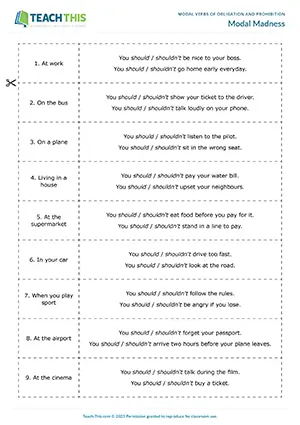 ESL Should and Shouldn't Game - Grammar and Vocabulary: Matching, Binary Choice - Group Work - Elementary (A1-A2) - Modal Madness worksheet preview