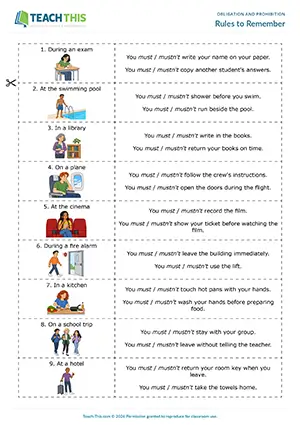 ESL Must and Mustn't Game - Grammar: Matching, Pelmanism, Binary Choice - Group Work - Pre-intermediate (A2) - Rules to Remember worksheet preview