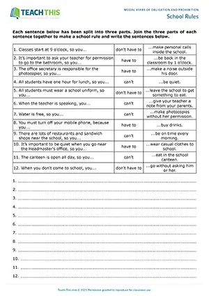ESL Modal Verbs of Obligation and Prohibition Worksheet - Grammar and Writing Exercise: Matching, Forming Sentence from Prompts - Intermediate (B1) - School Rules worksheet preview